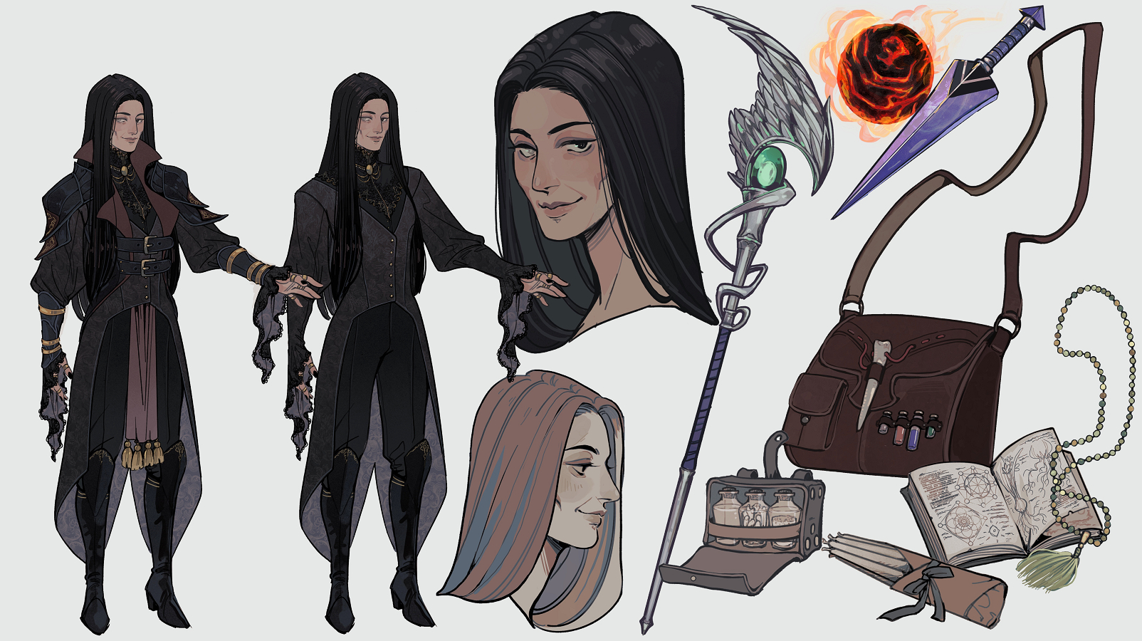 wicksandwheat, original, commission, highres, 1girl, armor, bag, belt, black boots, black hair, black pants, blind, book, boots, closed mouth, costume chart, dagger, double-parted bangs, fireball, frilled sleeves, frills, full body, glass bottle, high heel boots, high heels, jacket, knee pads, knife, long hair, long sleeves, looking at viewer, mature female, multiple belts, multiple views, open book, pants, partially blind, pauldrons, portrait, profile, reference sheet, shoulder armor, shoulder bag, simple background, smile, staff, standing, thigh boots, two-sided fabric, two-sided jacket, variations, weapon