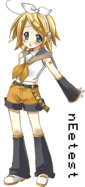 yusya, kagamine rin, vocaloid, 1girl, :o, arm tattoo, belt, belt buckle, black boots, blonde hair, blouse, blue eyes, boots, brown neckerchief, brown shorts, buckle, detached sleeves, female focus, full body, hair ornament, hair ribbon, hairclip, headset, knee boots, looking at viewer, neckerchief, number tattoo, open mouth, ribbon, sailor collar, school uniform, serafuku, shirt, short hair, short sleeves, shorts, simple background, sleeveless, sleeveless shirt, sleeves past wrists, solo, standing, swept bangs, tareme, tattoo, white background, white ribbon, white shirt