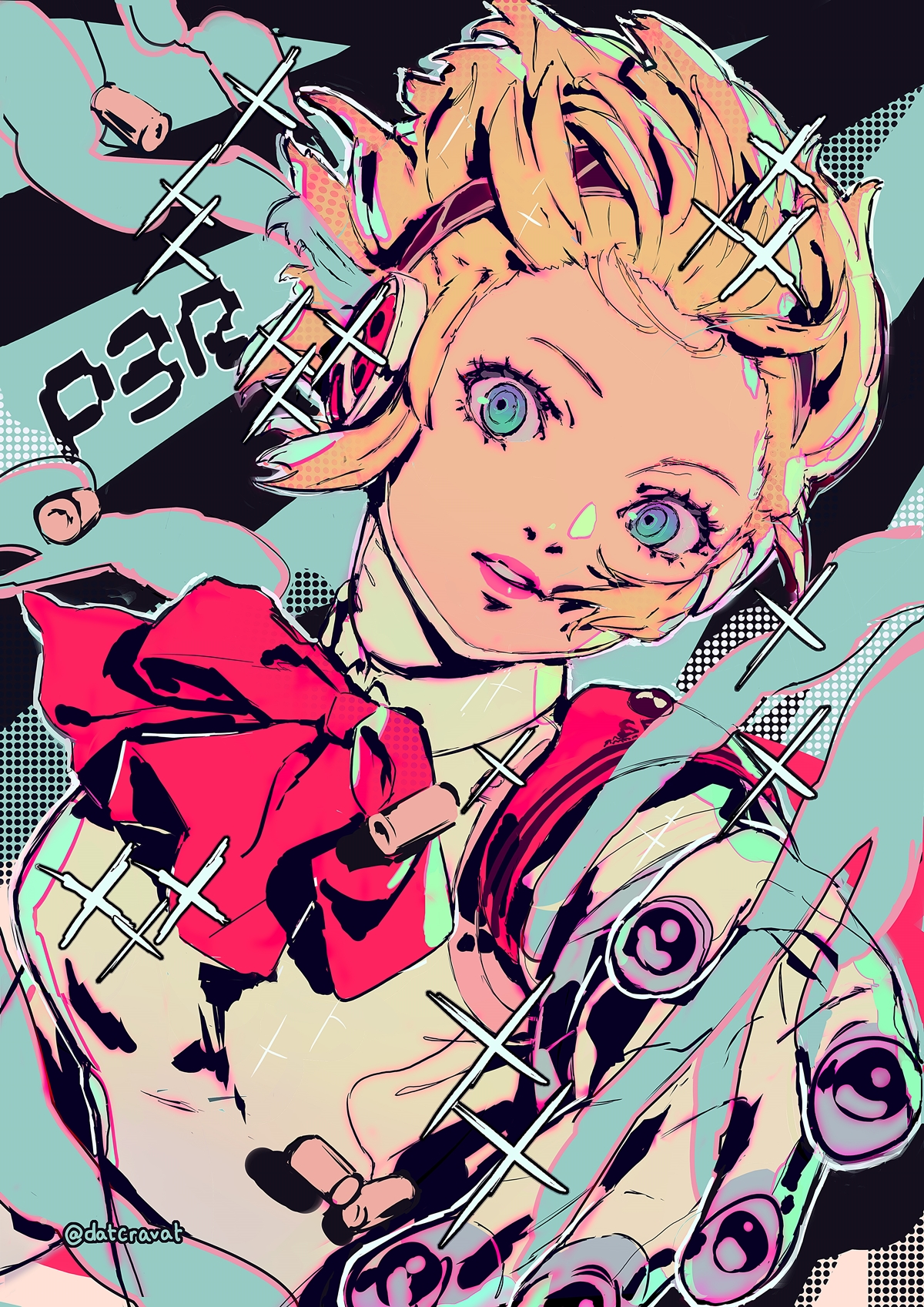 datcravat, aigis (persona), persona, persona 3, highres, 1girl, blonde hair, blue eyes, bow, bowtie, finger cannon, hairband, looking at viewer, mechanical arms, red bow, red bowtie, robot girl, short hair, smoke, solo