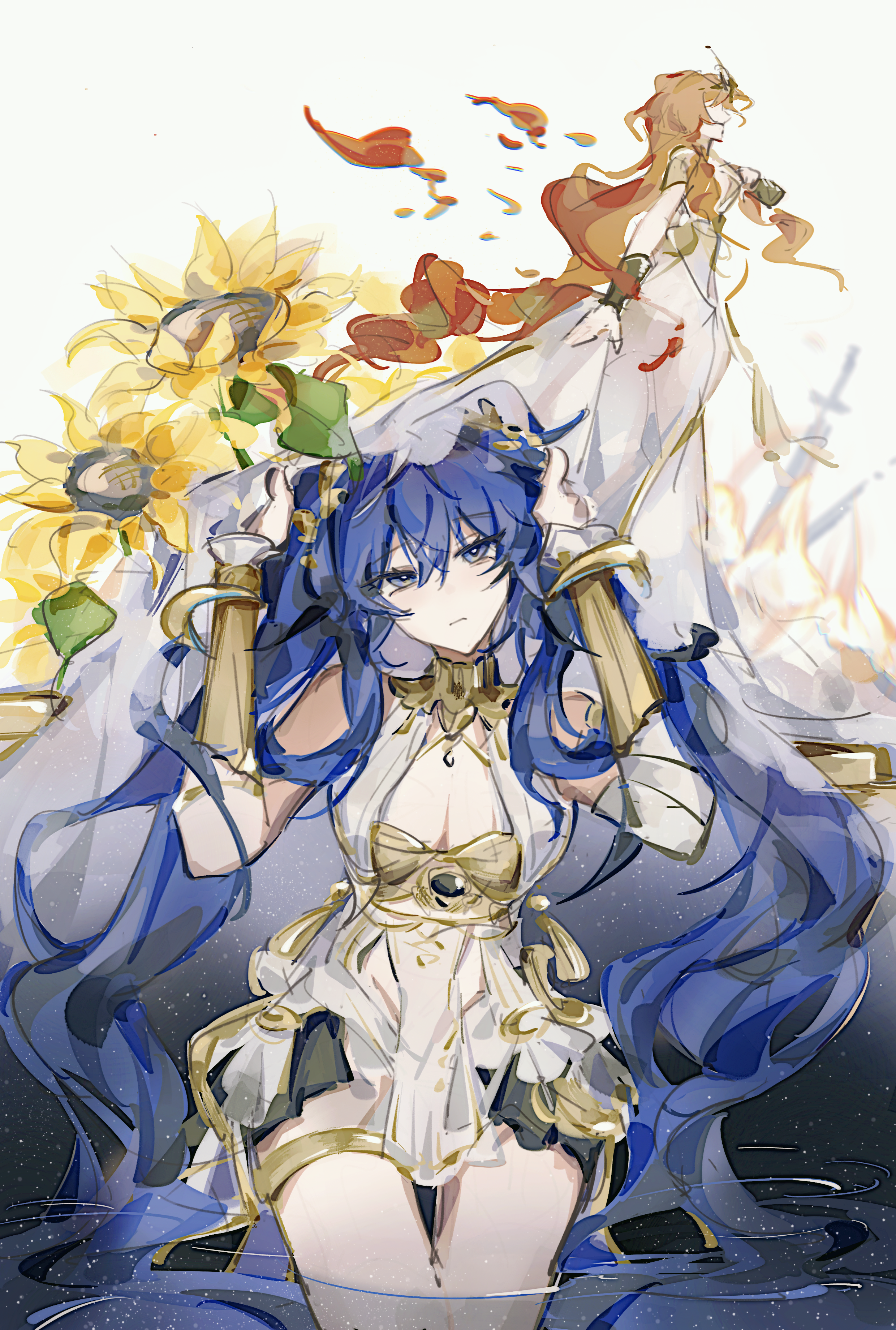 augusta (wuthering waves), iuno (wuthering waves), wuthering waves, absurdres, chinese commentary, commentary request, highres, 2girls, ancient greek clothes, arm armor, black skirt, blue eyes, blue hair, breasts, cleavage, closed mouth, gold bra, greco-roman clothes, hair between eyes, hands up, long hair, looking at viewer, medium breasts, mijiu163, miniskirt, multiple girls, orange hair, showgirl skirt, skirt, twintails, very long hair, wading
