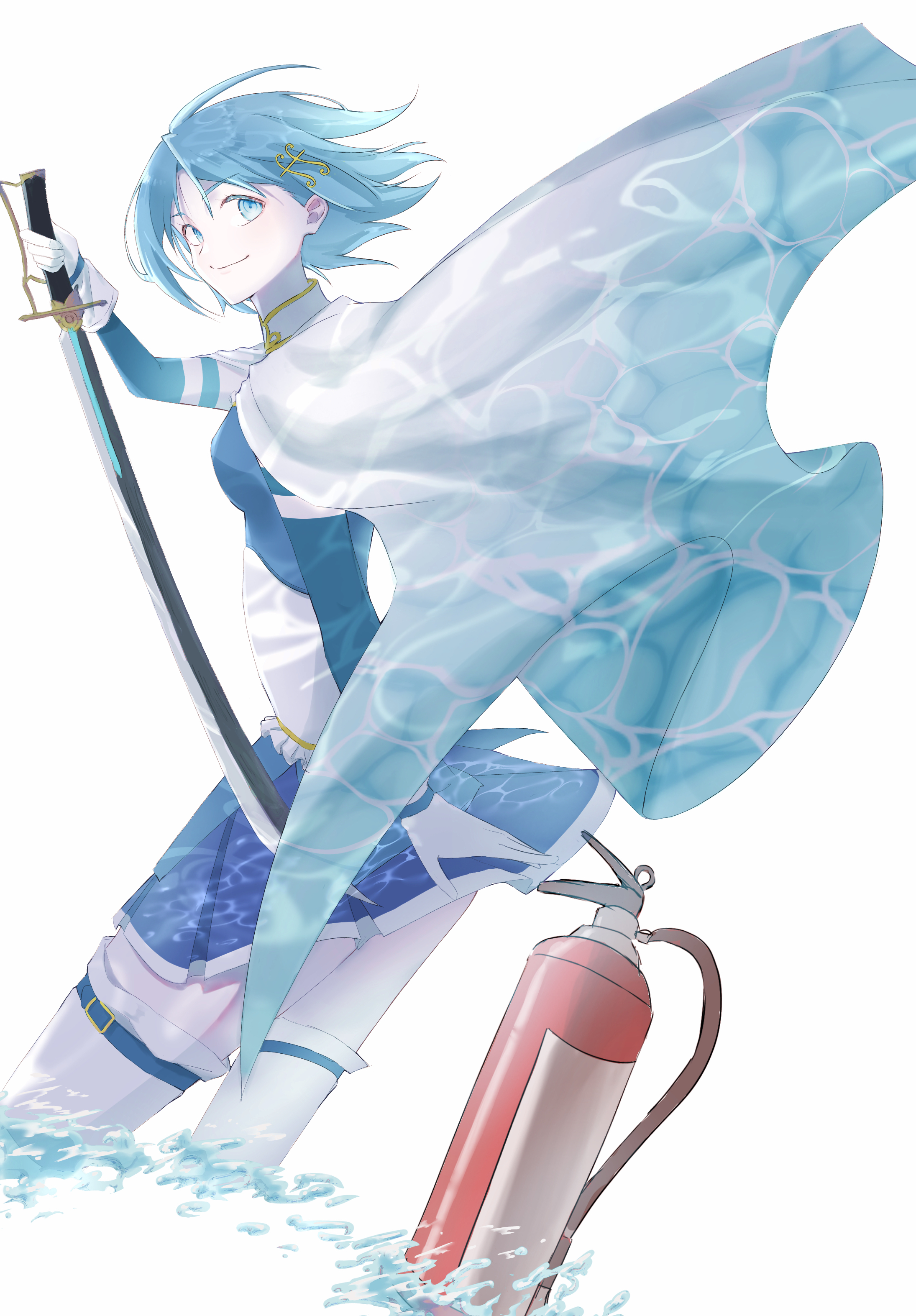 miki sayaka, miki sayaka (magical girl), mahou shoujo madoka magica, absurdres, highres, 1girl, belt, blue eyes, blue hair, blue skirt, cape, caustics, closed mouth, fire extinguisher, floating cape, fortissimo, gloves, hair ornament, holding, holding sword, holding weapon, looking at viewer, magical girl, musical note, musical note hair ornament, osusii25250, pleated skirt, reverse grip, short hair, simple background, skirt, smile, solo, sword, thigh belt, thigh strap, thighhighs, water, weapon, white background, white cape, white gloves