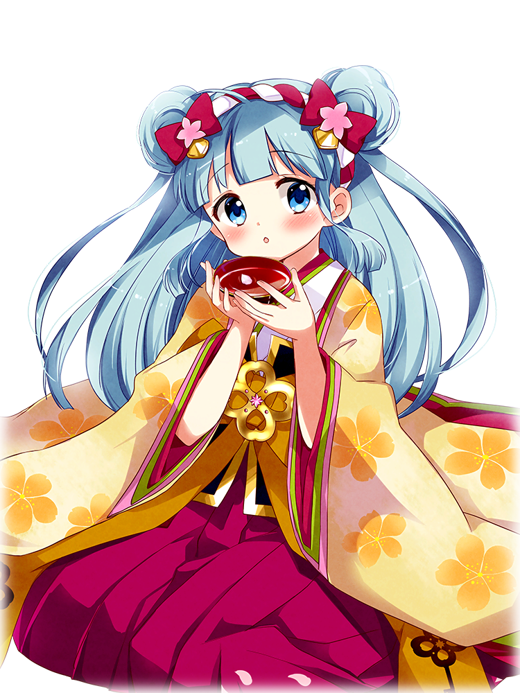 hara yui, clea (kirara fantasia), kirara fantasia, official art, 1girl, alcohol, aqua hair, blue eyes, blunt bangs, bow, double bun, floating hair, hair bow, hair bun, hair ornament, japanese clothes, jewelry, kimono, long hair, official alternate costume, pendant, pleated skirt, red skirt, sake, sitting, skirt, solo, straight hair, yellow kimono