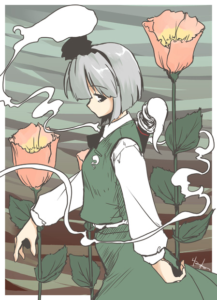 akiyama nenehisa, konpaku youmu, konpaku youmu (ghost), touhou, will o wisp, wisp, 1girl, female focus, flower, hitodama, profile, solo, walking