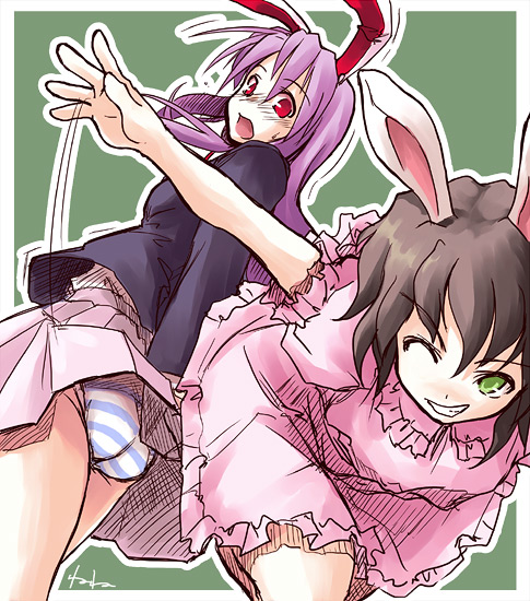 akiyama nenehisa, inaba tewi, reisen udongein inaba, touhou, 2girls, alternate eye color, animal ears, ass, female focus, green eyes, multiple girls, panties, pantyshot, rabbit ears, red eyes, striped clothes, striped panties, underwear