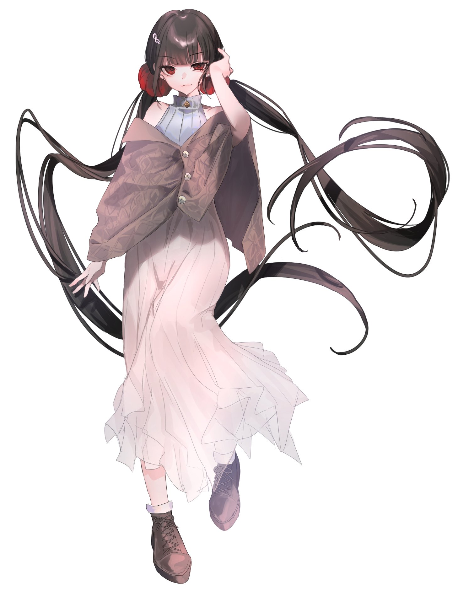 gakkiyui1, harukawa maki, danganronpa (series), danganronpa v3: killing harmony, highres, 1girl, alternate costume, blunt bangs, brown hair, full body, hair ornament, hair scrunchie, long hair, long sleeves, looking at viewer, low twintails, mole, mole under eye, red eyes, red scrunchie, scrunchie, shirt, simple background, solo, twintails