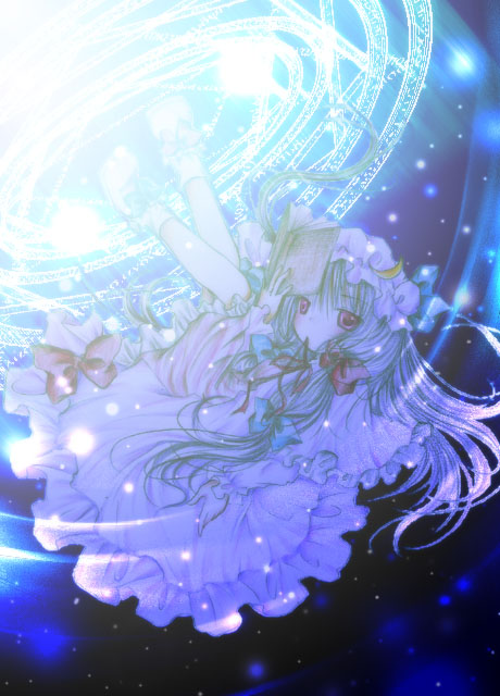 kasuga sunao, patchouli knowledge, touhou, 1girl, book, female focus, hat, long hair, magic circle, mouth hold, solo