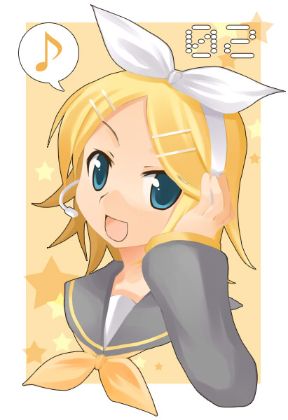 tamura hiro, kagamine rin, vocaloid, 1girl, blonde hair, blue eyes, female focus, hair ornament, hairband, hairclip, musical note, sailor collar, solo, speech bubble, star (symbol), upper body