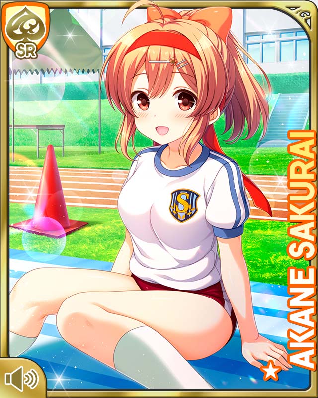 qp:flapper, sakurai akane (girlfriend (kari)), girlfriend (kari), official art, 1girl, blouse, bow, brown eyes, brown hair, buruma, card (medium), closed mouth, day, hair ornament, looking at another, outdoors, ponytail, red bow, red buruma, school uniform, shirt, sitting, smile, white shirt