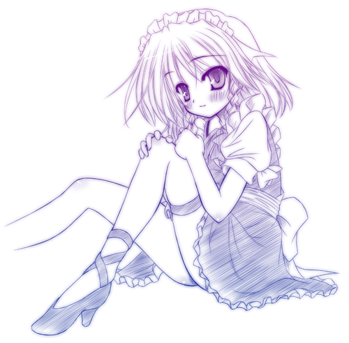 yamu (reverse noise), izayoi sakuya, touhou, lowres, 1girl, blush, female focus, footwear ribbon, frilled thigh strap, legs, maid headdress, monochrome, purple theme, sitting, smile, solo, thigh strap