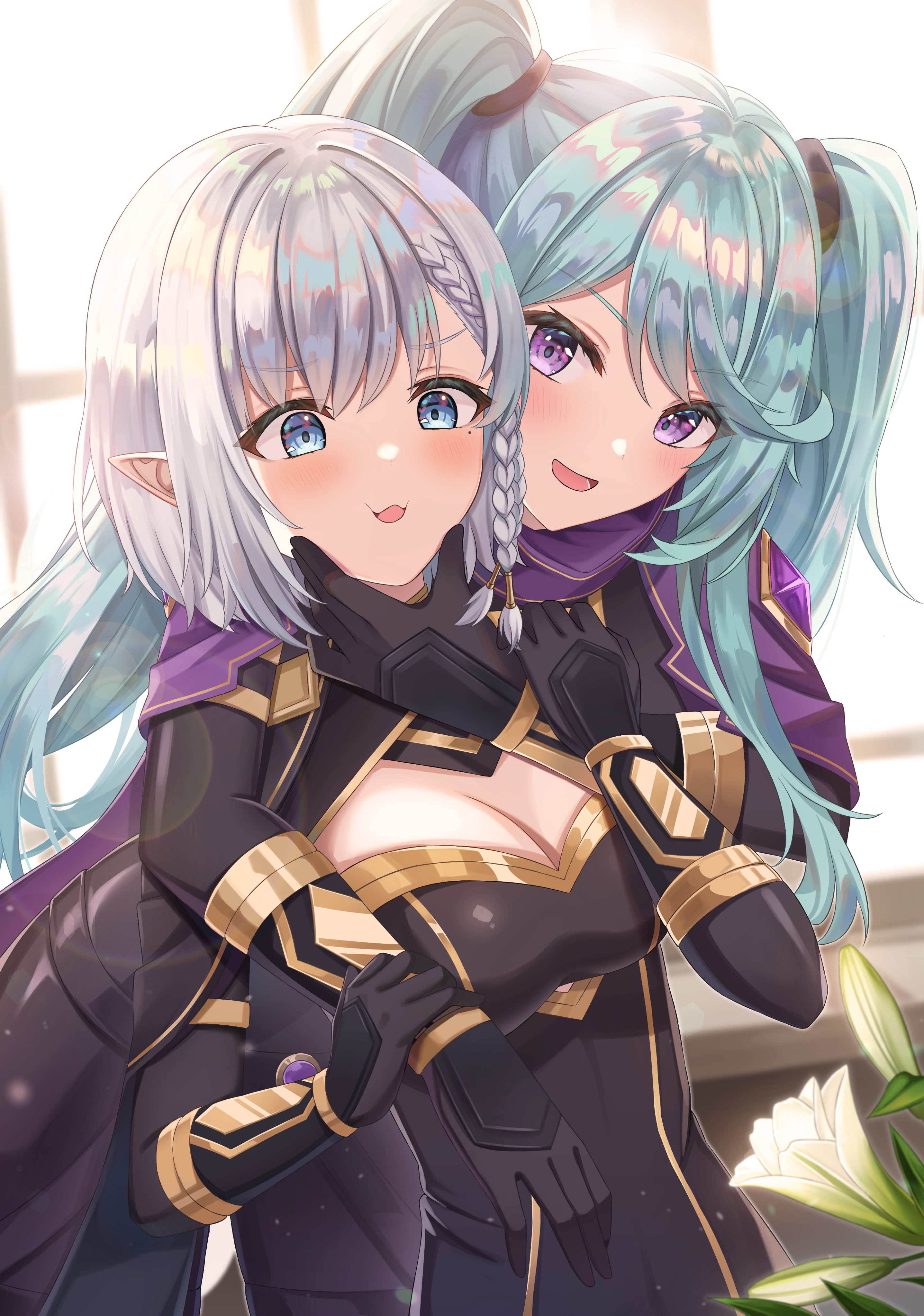 matsumoto yuu, beta (kage no jitsuryokusha ni naritakute!), epsilon (kage no jitsuryokusha ni naritakute!), kage no jitsuryokusha ni naritakute!, absurdres, highres, 2girls, blue eyes, blue hair, blush, elf, flower, long hair, multiple girls, pointy ears, purple eyes, white hair