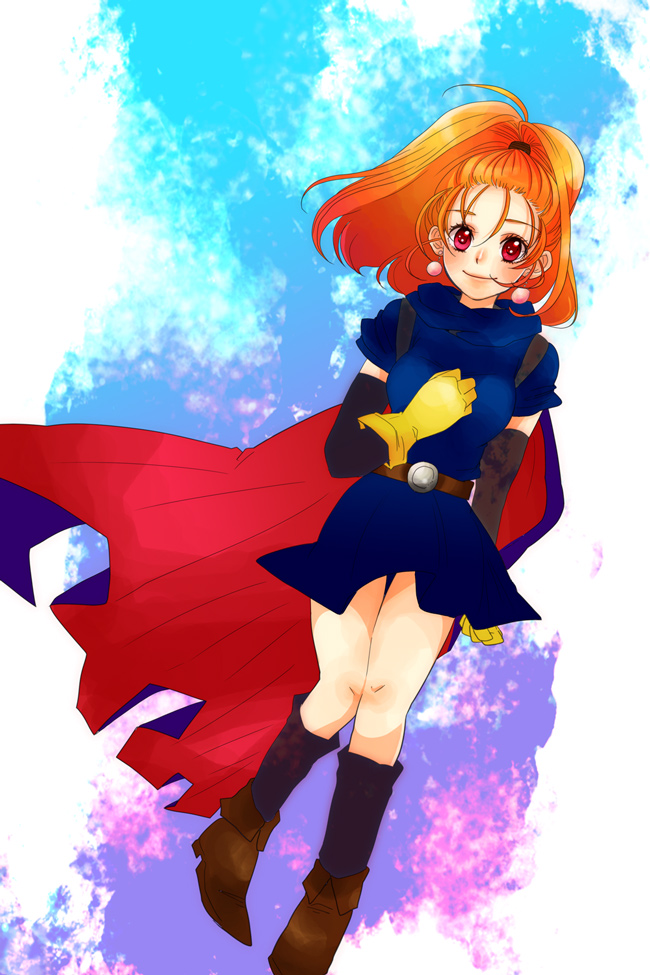 icomemo, barbara (dq6), dragon quest, dragon quest vi, commentary request, 1girl, belt, belt buckle, black sleeves, blue cape, blue tunic, brown belt, brown shoes, buckle, cape, clenched hands, detached sleeves, earrings, floating clothes, floating hair, full body, gloves, gradient background, hand on own chest, high ponytail, jewelry, looking at viewer, orange hair, pink eyes, ponytail, purple socks, red cape, shoes, smile, socks, solo, sphere earrings, tunic, two-sided cape, two-sided fabric, yellow gloves