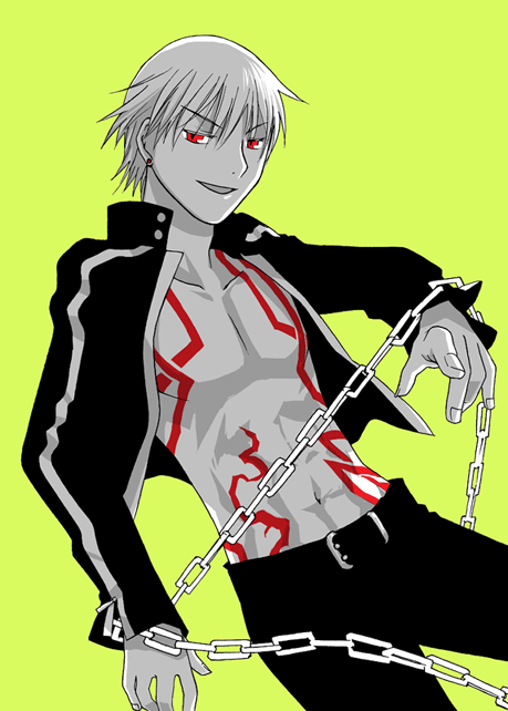 gilgamesh (fate), gilgamesh (immoral biker jacket) (fate), fate/stay night, fate (series), 00s, 1boy, casual, chain, green background, male focus, official alternate costume, red eyes, red theme, smile, solo, tattoo, topless male, yellow background
