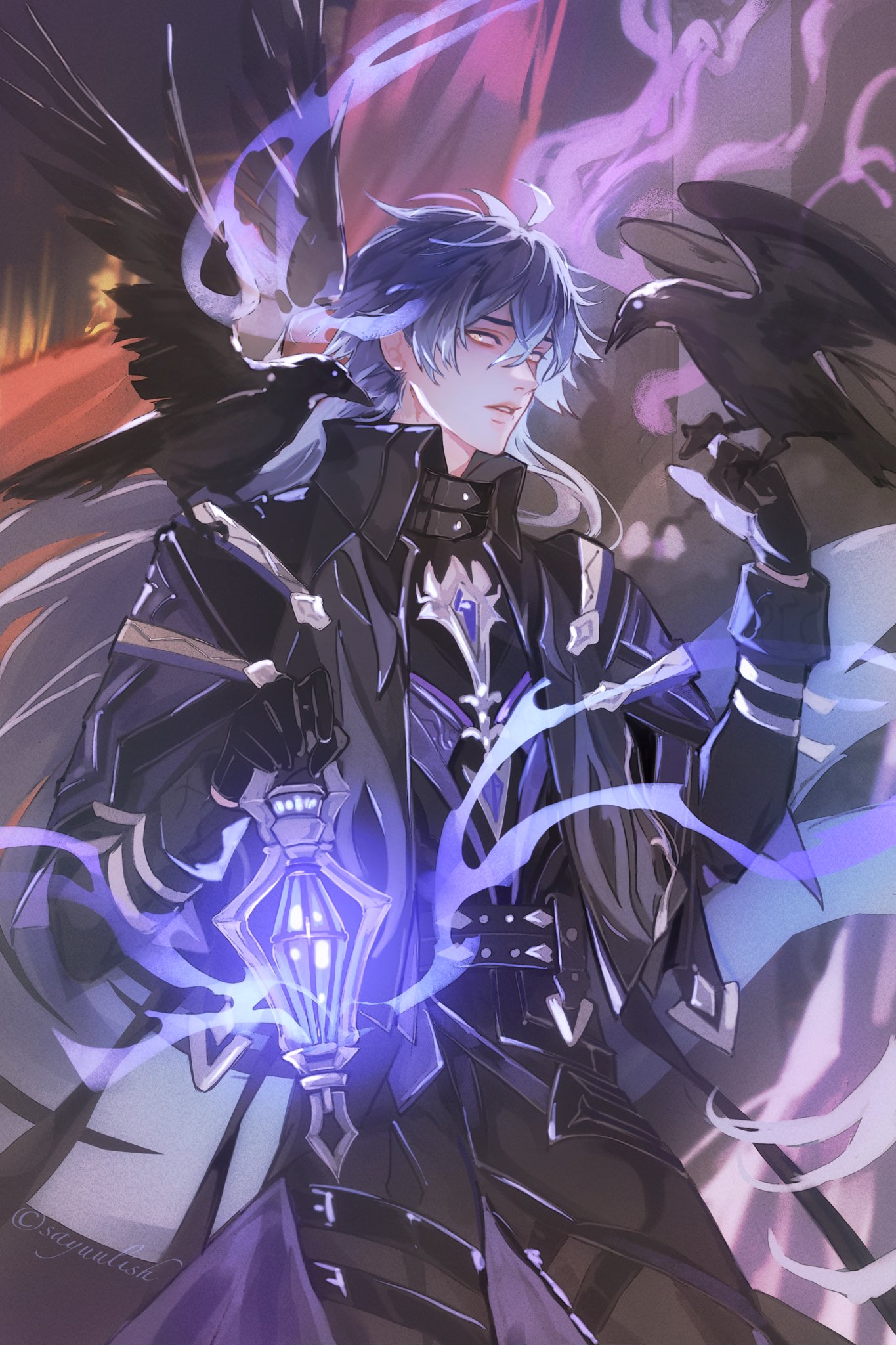 katagawa mika, flins (genshin impact), genshin impact, commentary, english commentary, highres, 1boy, ahoge, bird, black coat, black gloves, black pants, blue hair, coat, collared coat, electricity, fire, gloves, glowing, gradient hair, high collar, holding, holding lantern, huge ahoge, lantern, long hair, long sleeves, looking at animal, multicolored hair, no pupils, open mouth, pants, shade, solo, upper body, yellow eyes