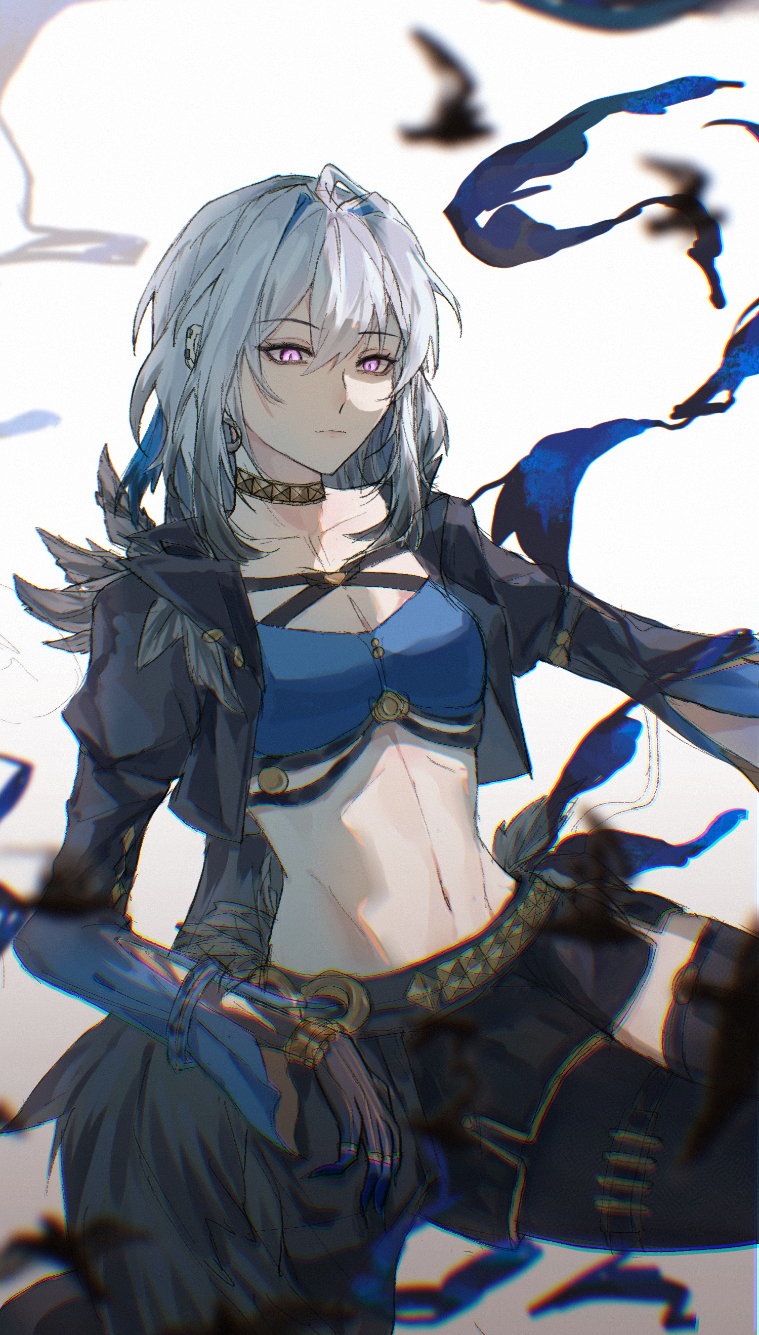haohaoxuexi209, galbrena (wuthering waves), wuthering waves, absurdres, highres, 1girl, black jacket, black pantyhose, black shorts, black thighhighs, blue bra, blue nails, bra, closed mouth, criss-cross straps, cropped jacket, fingernails, grey hair, hair between eyes, jacket, linea alba, long fingernails, looking at viewer, medium hair, mutation, navel, pantyhose, purple eyes, sharp fingernails, shorts, single leg pantyhose, single thighhigh, solo, stomach, thighhighs, underwear