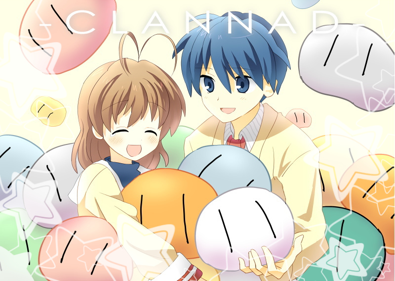 mozu (modagoro), furukawa nagisa, okazaki tomoya, clannad, dango daikazoku, 00s, 1boy, 1girl, :d, ^ ^, antenna hair, blue eyes, blue hair, brown hair, closed eyes, creature, dango, food, holding, open mouth, school uniform, serafuku, short hair, smile, upper body, wagashi, | |