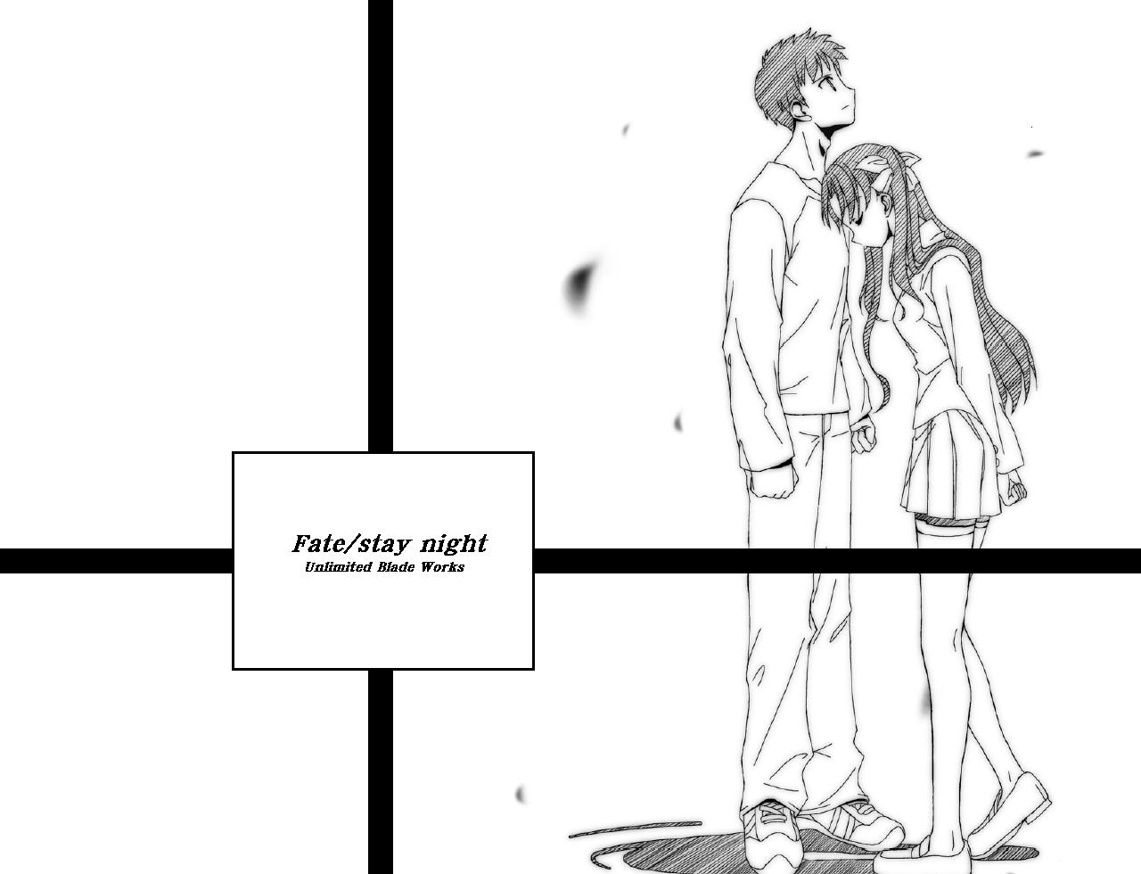 emiya shirou, tohsaka rin, fate/stay night, fate (series), 00s, 1boy, 1girl, greyscale, long legs, monochrome, thighhighs