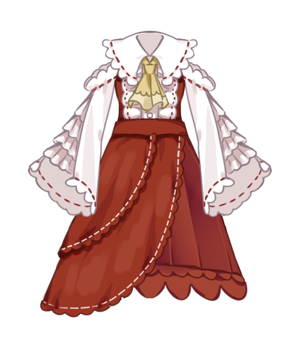 mayu25 mayu25, hakurei reimu, touhou, commentary request, highres, adapted costume, alternate costume, ascot, clothes focus, detached sleeves, frilled ascot, frills, no humans, red skirt, ribbon-trimmed collar, ribbon-trimmed sleeves, ribbon trim, simple background, skirt, white background, yellow ascot