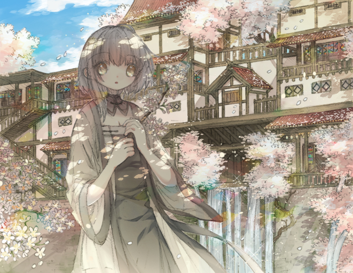 ahodumi, nikki (series), shining nikki, 1girl, :o, black dress, blue sky, branch, breasts, cherry blossoms, chinese clothes, cleavage, cloud, collar, cowboy shot, day, detached collar, dot nose, dress, expressionless, falling petals, flower, grey collar, grey hair, holding, holding branch, light blush, long sleeves, looking ahead, open mouth, outdoors, petals, pink flower, robe, short hair with long locks, single sidelock, sky, solo, standing, tareme, town, water, waterfall, white robe, wide sleeves, yellow eyes, yexiao (shining nikki)