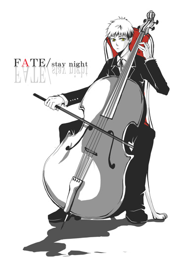emiya shirou, fate/stay night, fate (series), 00s, 1boy, double bass, formal clothes, full body, instrument, male focus, monochrome, simple background, solo, spot color, suit