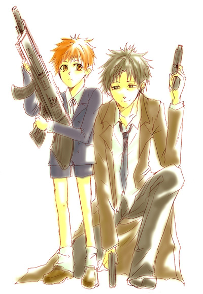 emiya kiritsugu, emiya shirou, fate/stay night, fate (series), 00s, 2boys, father and son, gun, half-closed eyes, male focus, multiple boys, on one knee, weapon