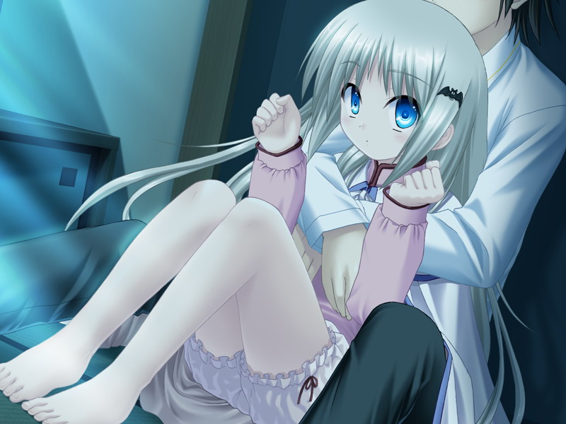 na-ga, naoe riki, noumi kudryavka, little busters!, silver hair, game cg, 1boy, 1girl, barefoot, blonde hair, bloomers, blue eyes, blush, feet, hair ornament, hairpin, hetero, hug, long hair, toes, underwear, white bloomers