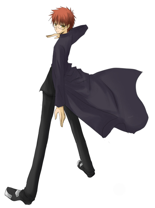 kamino (bbpn), amakusa shirou (fate) (fanfic), emiya shirou, fate/stay night, fate (series), bad id, bad pixiv id, 00s, 1boy, alternate universe, black shirt, blouse, full body, legs apart, male focus, shirt, simple background, solo, spiked hair, standing, white background