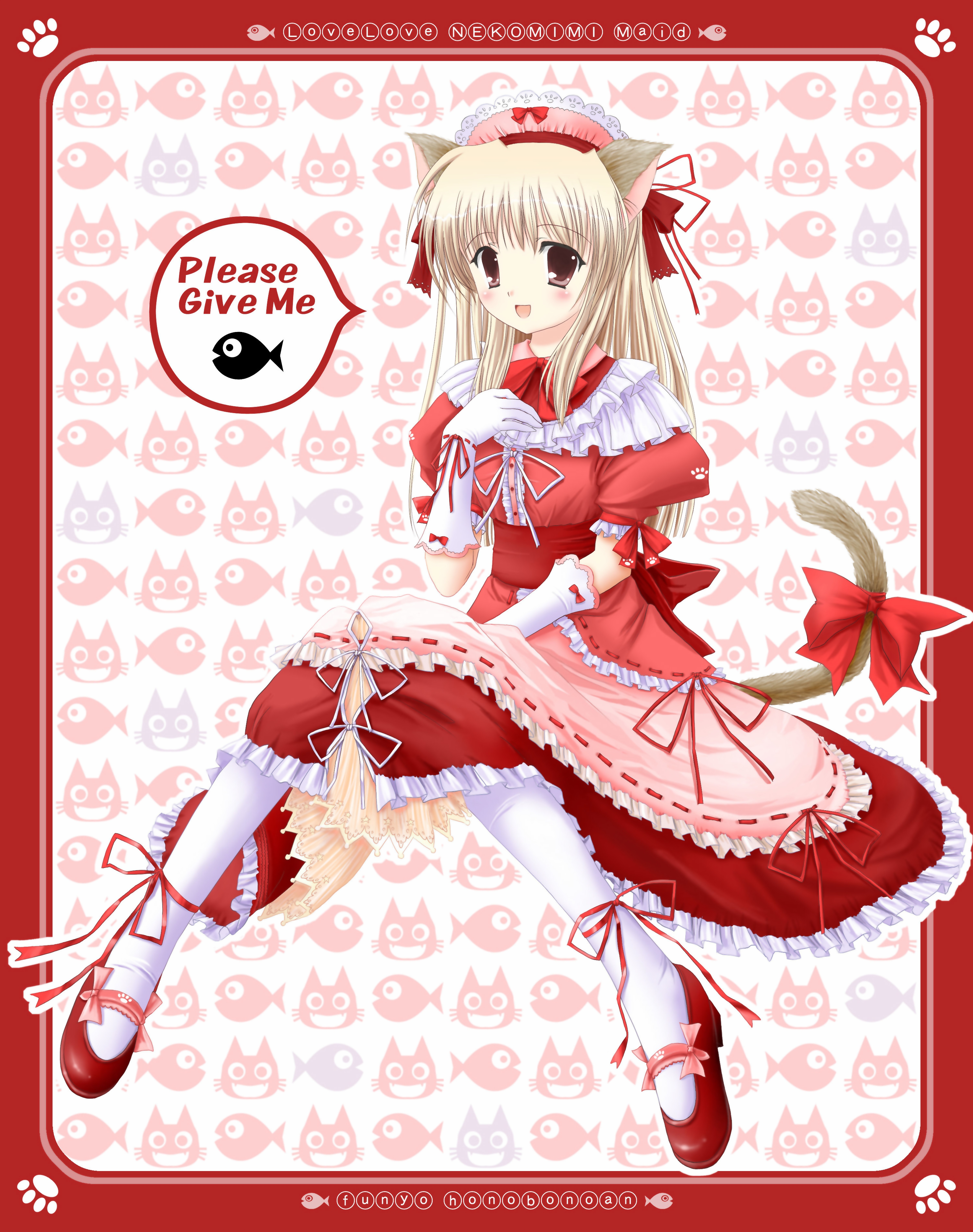 funyo, absurdres, highres, 1girl, animal ears, blush, cat ears, cat tail, dress, female focus, ribbon, smile, solo, tail, thighhighs