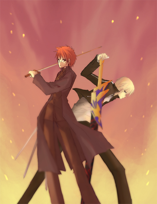 kamino (bbpn), amakusa shirou (fate) (fanfic), emiya shirou, gilgamesh (fate), gilgamesh (immoral biker jacket) (fate), fate/stay night, fate (series), 00s, 1boy, alternate universe, black keys (type-moon), male focus, official alternate costume, solo