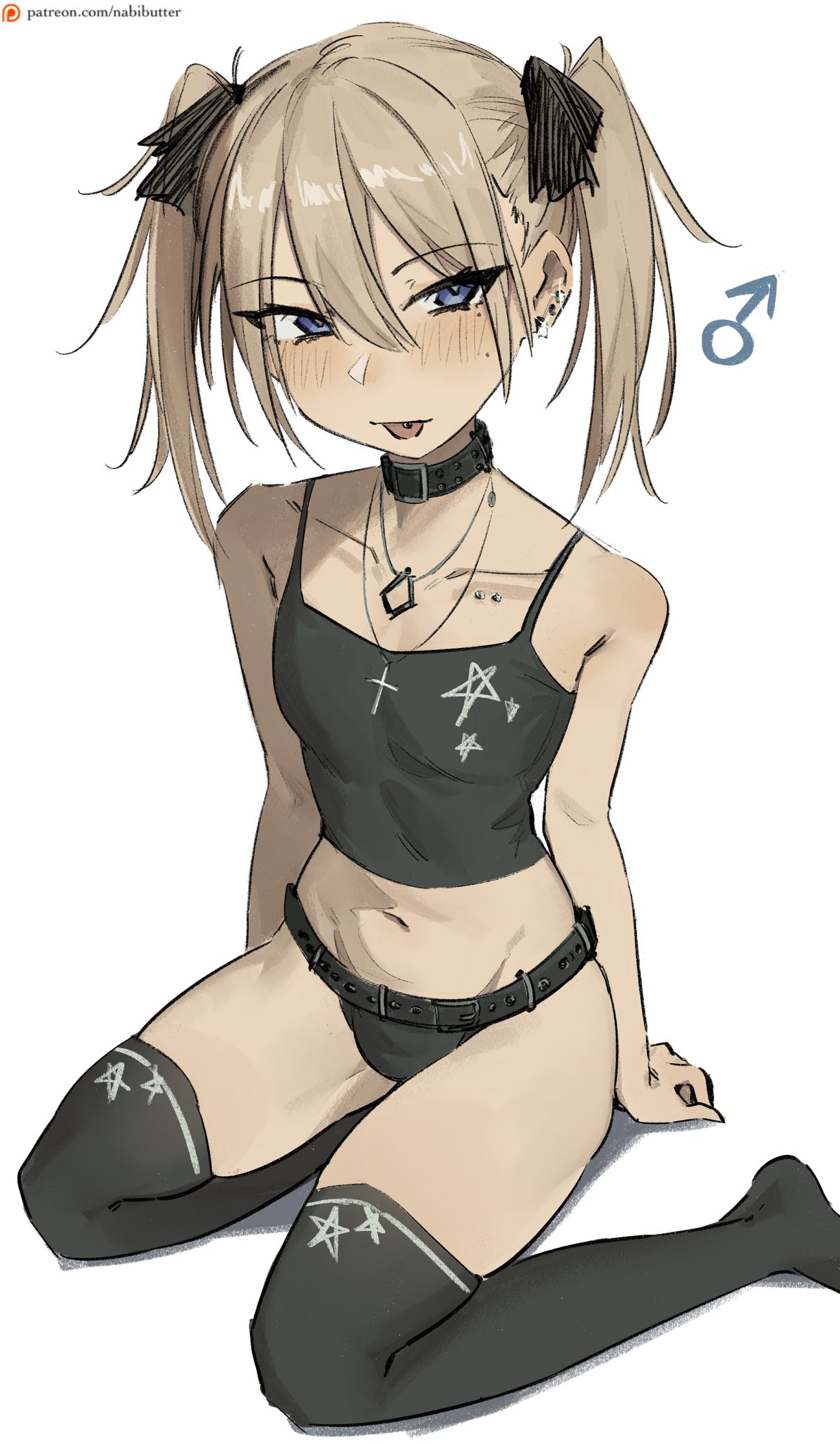 xcider, nabi (xcider), original, commentary, english commentary, highres, 1boy, :p, bare arms, bare shoulders, belt collar, black camisole, black collar, black thighhighs, blonde hair, blue eyes, blush, bulge, camisole, collar, collarbone, collarbone piercing, cross pendant, crossdressing, crossdressing (mtf), ear piercing, eyes visible through hair, groin, hair between eyes, hair ribbon, long hair, looking at viewer, male focus, mars symbol, midriff, mole, mole under eye, navel, patreon logo, patreon username, piercing, ribbon, simple background, sitting, solo, star (symbol), star print, studded collar, thighhighs, tongue, tongue out, tongue piercing, trap, twintails, white background