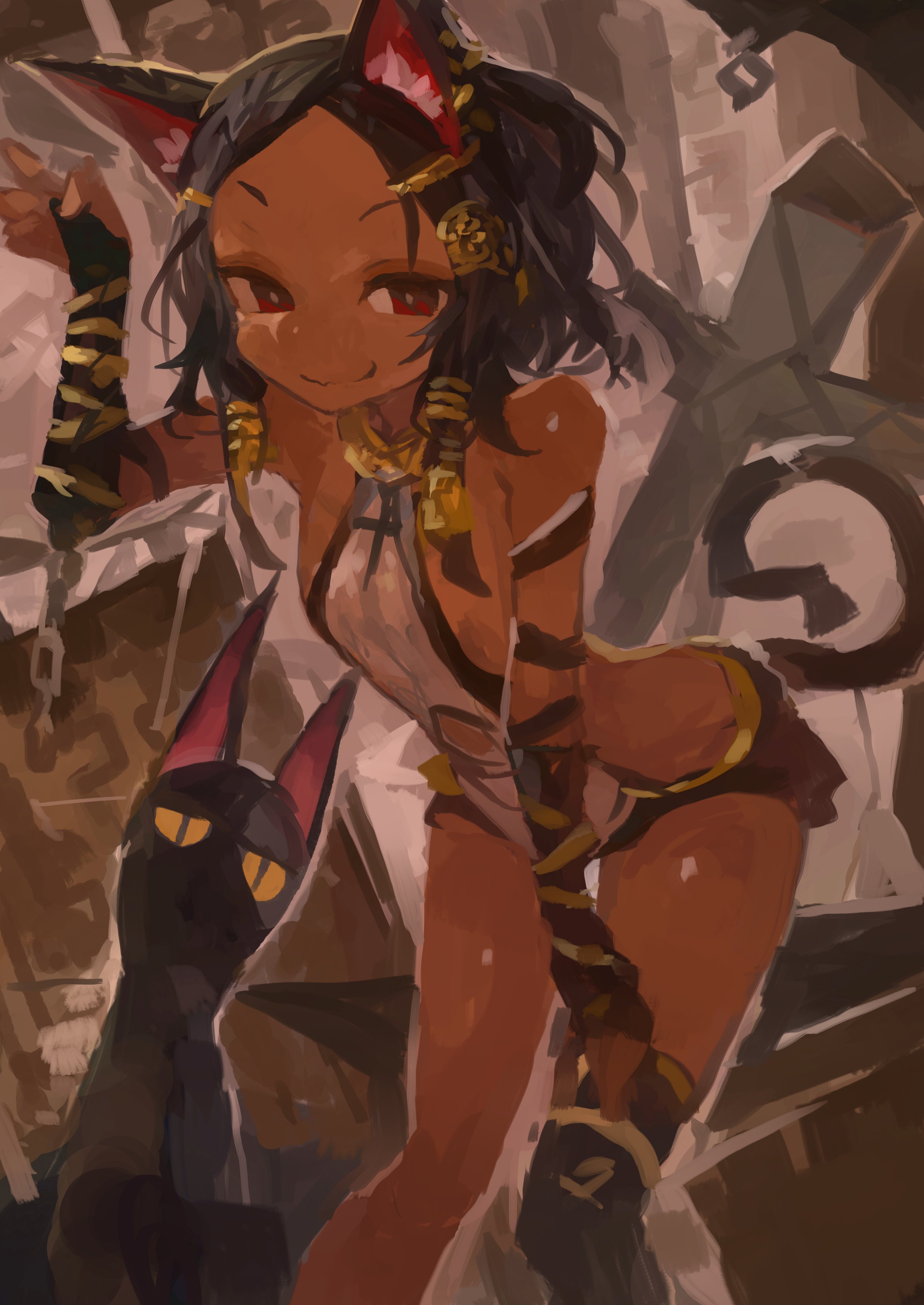 kaamin (mariarose753), bastet (mythology), egyptian mythology, original, absurdres, highres, <|> <|>, ancient egyptian, ancient egyptian clothes, animal ears, black cat, black hair, cat, cat ears, cat girl, cat tail, dark-skinned female, dark skin, jewelry, looking at viewer, red eyes, short hair, tail