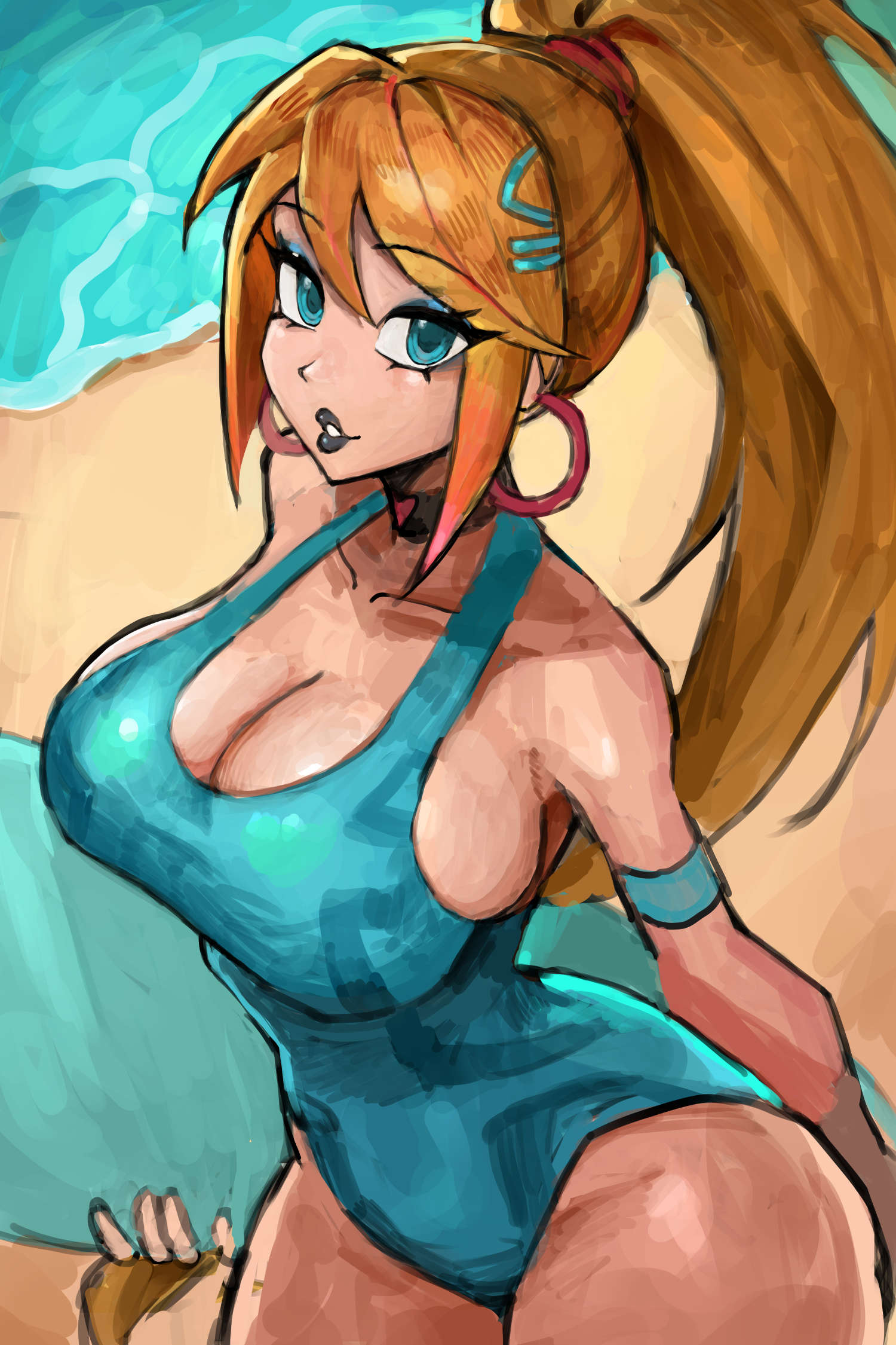 saiykik, samus aran, metroid, nintendo, highres, 1girl, beach, black lips, blonde hair, blue eyes, blue eyeshadow, blue one-piece swimsuit, breasts, cleavage, earrings, eyeshadow, grin, hair ornament, hairclip, hoop earrings, jewelry, large breasts, long hair, looking at viewer, makeup, ocean, one-piece swimsuit, ponytail, sand, smile, solo, swimsuit