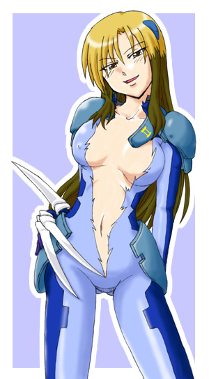 due (nanoha), numbers (nanoha), lyrical nanoha, mahou shoujo lyrical nanoha, mahou shoujo lyrical nanoha strikers, framed, 00s, 1girl, :d, arm behind back, armor, black hair, blonde hair, blue background, blue bodysuit, blush, bodysuit, breasts, breasts apart, center opening, claws, covered erect nipples, faulds, female focus, green hair, groin, hair between eyes, hair ornament, hairclip, hand on own hip, head tilt, large breasts, long hair, looking at viewer, midriff, multicolored hair, naughty face, navel, no bra, no panties, open mouth, outline, outside border, parted bangs, pauldrons, shoulder armor, sidelocks, simple background, smile, solo, standing, torn bodysuit, torn clothes, two-tone hair, very long hair, weapon