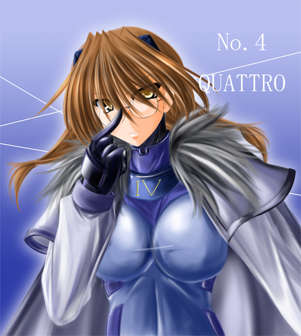 numbers (nanoha), quattro (nanoha), lyrical nanoha, mahou shoujo lyrical nanoha, mahou shoujo lyrical nanoha strikers, 00s, 1girl, blue bodysuit, bodysuit, brown hair, female focus, glasses, solo, twintails, yellow eyes