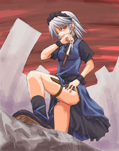 izana, izana minagi, izayoi sakuya, touhou, silver hair, 1girl, black boots, boots, braid, female focus, knife, short hair, solo, throwing knife, twin braids, weapon