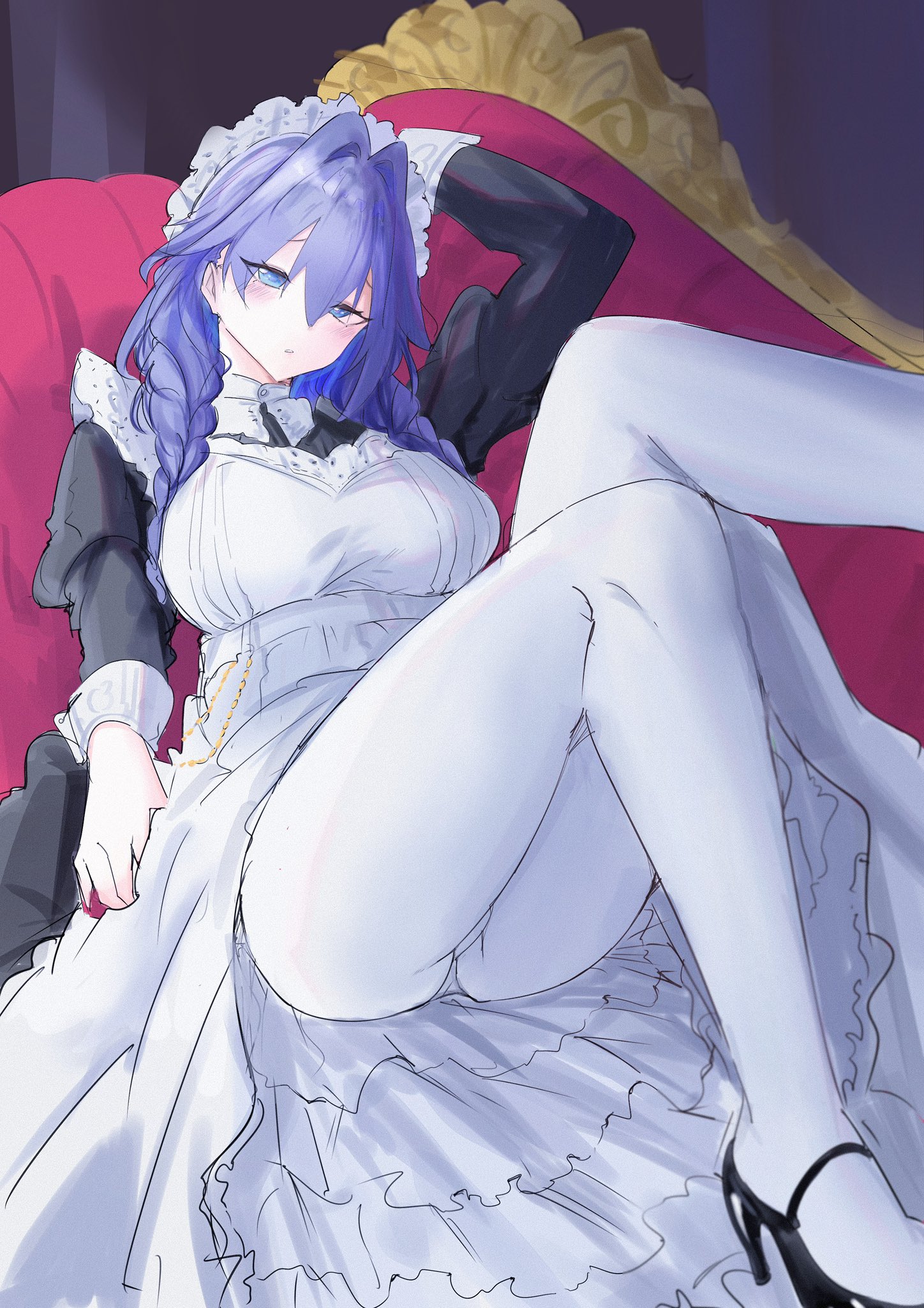 rufisama, ouro kronii, hololive, hololive english, highres, 1girl, apron, ass, blue eyes, blue hair, blush, braid, breasts, dress, frilled hat, frills, hair between eyes, hat, high heels, holding, holding own hair, large breasts, legs, long dress, maid, maid apron, maid headdress, pantyhose, sitting, sketch, solo, thighs, twin braids, victorian maid, virtual youtuber, white pantyhose