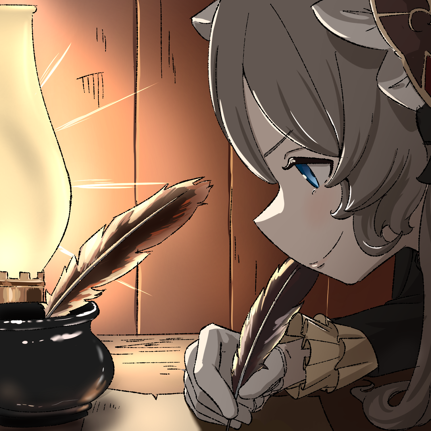 sandrone (genshin impact), genshin impact, commentary, english commentary, highres, 1girl, blackbeard writing (meme), blue eyes, frilled sleeves, frills, from side, gloves, grey hair, holding, holding quill, long hair, mayngomay, meme, profile, quill, solo, white gloves