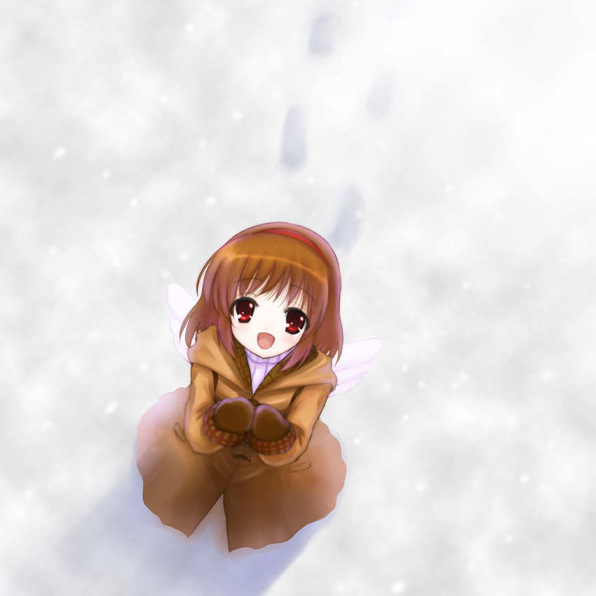 shima-shuu, tsukimiya ayu, kanon, brown hair, coat, footprints, from above, hairband, looking up, mittens, open mouth, red eyes, short hair, smile, snow, snowing, solo