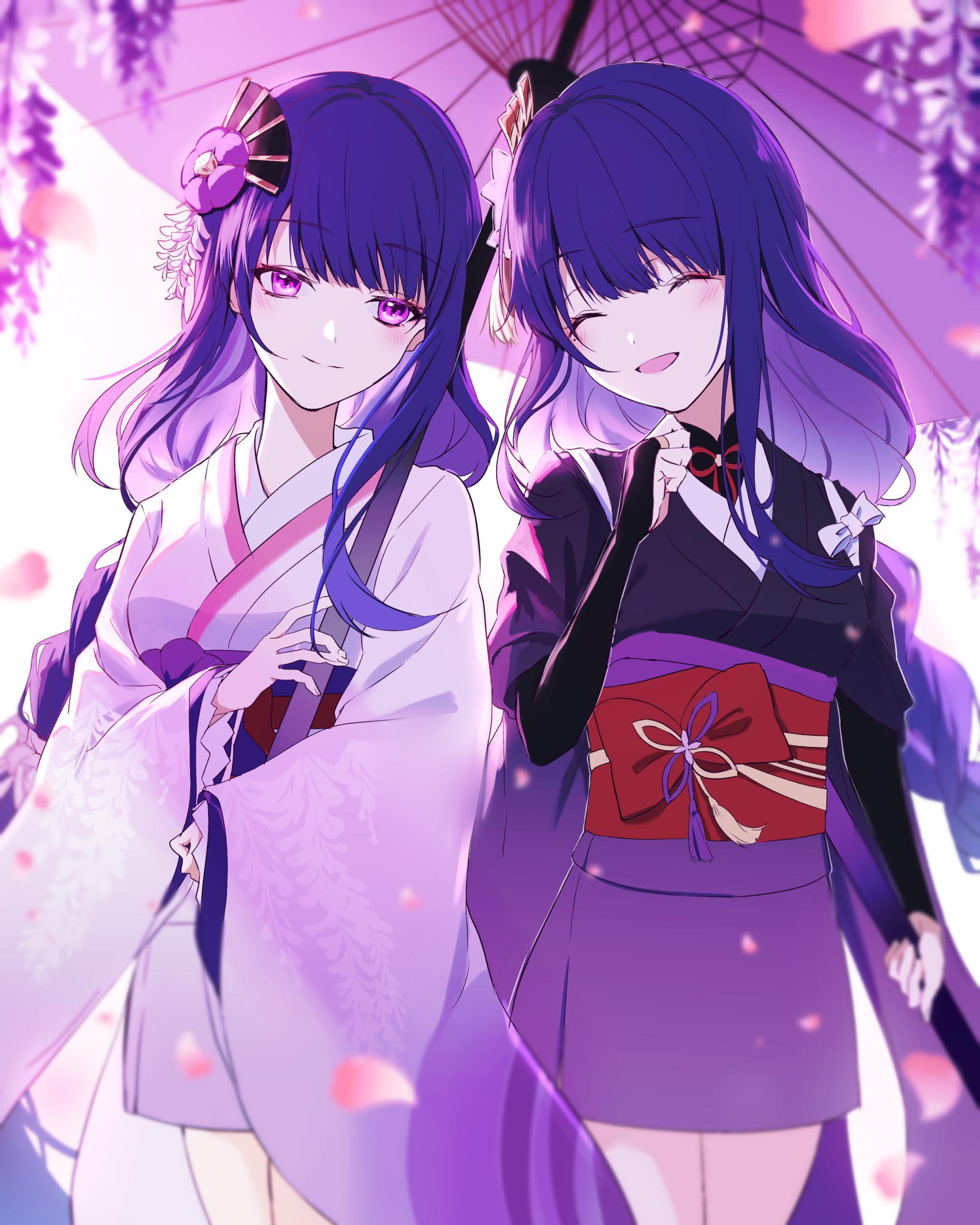 areito, makoto (genshin impact), raiden shogun, genshin impact, absurdres, commentary request, highres, 2girls, blunt bangs, blurry, blush, braid, bridal gauntlets, closed eyes, closed mouth, depth of field, engulfing lightning (genshin impact), fan hair ornament, flower, flower ornament, hair ornament, happy, head tilt, holding, holding polearm, holding weapon, japanese clothes, kimono, light smile, long braid, long hair, long sleeves, looking to the side, mitsudomoe (shape), mole, mole under eye, multicolored hair, multiple girls, neck ribbon, official alternate costume, oil-paper umbrella, open mouth, polearm, purple eyes, purple flower, purple hair, purple kimono, red ribbon, red sash, ribbon, sash, shade, siblings, single braid, sisters, smile, standing, streaked hair, thighs, tomoe (symbol), twins, umbrella, upper body, weapon, wide sleeves