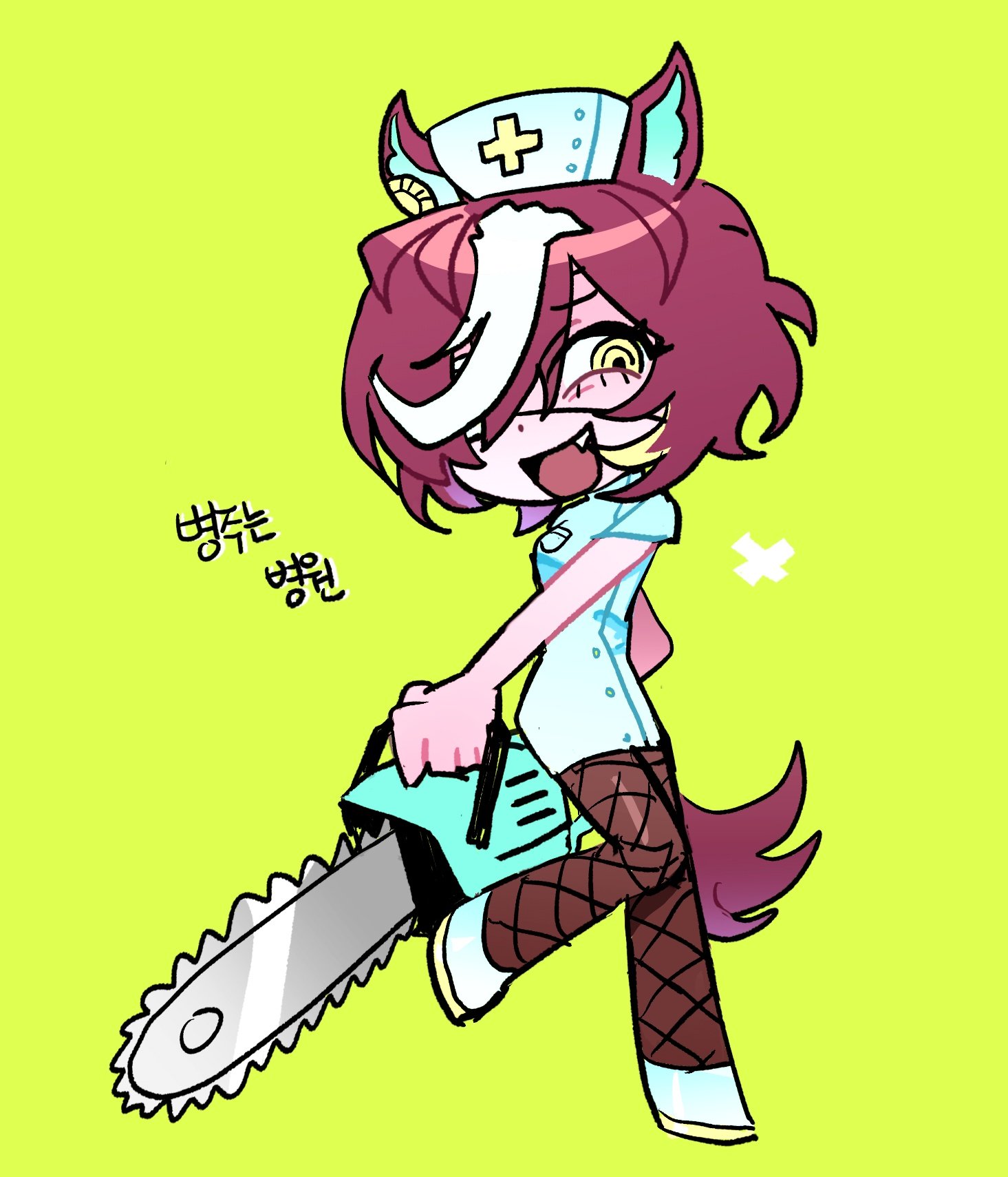 astronghouse, tanino gimlet (umamusume), umamusume, highres, korean commentary, 1girl, :d, animal ears, breast pocket, brown hair, buttons, chainsaw, dress, ear ornament, evil grin, evil smile, eyepatch, fang, fishnets, grin, hair over one eye, hat, holding, holding chainsaw, horse ears, horse girl, horse tail, korean text, leg up, multicolored hair, nurse, nurse cap, open mouth, pocket, ringed eyes, shoes, short hair, short sleeves, simple background, smile, solo, streaked hair, tail, teeth, upper teeth only, white dress, white hat, yellow eyes