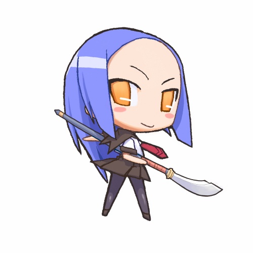 unaji, original, lowres, blue hair, chibi, orange eyes, pantyhose, polearm, school uniform, serafuku, weapon