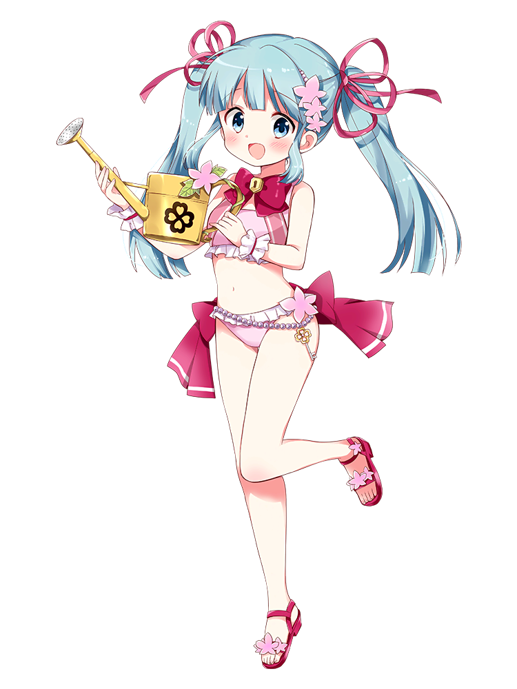hara yui, clea (kirara fantasia), kirara fantasia, official art, 1girl, :d, aqua hair, bare legs, bikini, blue eyes, blunt bangs, bow, bowtie, breasts, eyebrows hidden by hair, flat chest, flip-flops, floating hair, flower, frilled bikini, frills, full body, hair flower, hair ornament, keyhole, knee up, long hair, official alternate costume, open mouth, pink bikini, red bow, sandals, scrunchie, sidelocks, smile, solo, standing, swimsuit, twintails, watering can, white scrunchie, wrist scrunchie