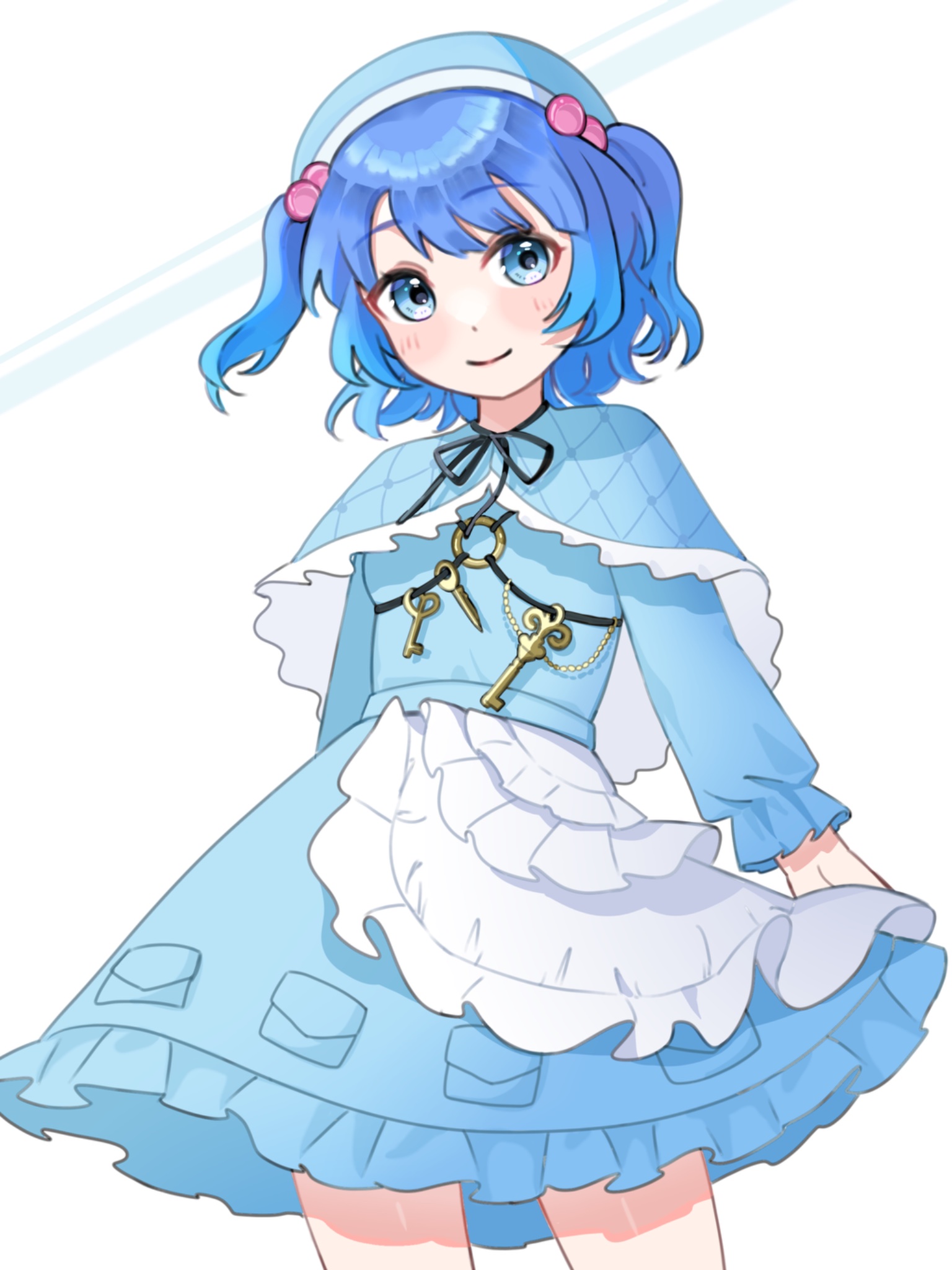 mayu25 mayu25, kawashiro nitori, touhou, commentary request, highres, 1girl, adapted costume, alternate headwear, apron, blue capelet, blue eyes, blue hair, blue hat, blue shirt, blue skirt, capelet, choker, closed mouth, hair bobbles, hair ornament, hat, key, long sleeves, looking at viewer, medium hair, neck ribbon, ribbon, ribbon choker, shirt, skirt, smile, solo, waist apron, white apron