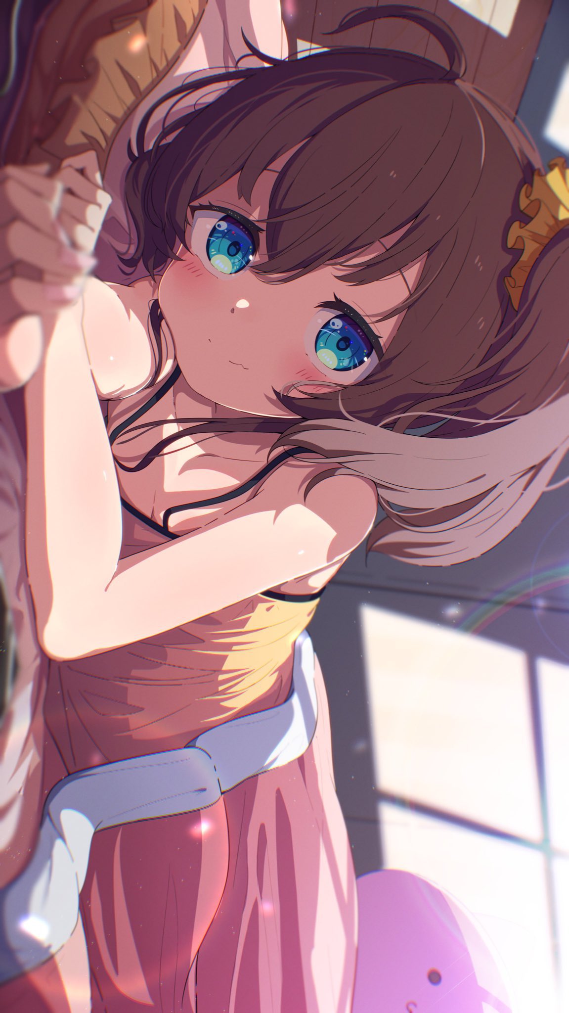 okota mikan, natsuiro matsuri, hololive, commentary request, highres, 1girl, ahoge, bare arms, bare shoulders, bed, blue eyes, blush, brown hair, camisole, closed mouth, collarbone, hair between eyes, looking at viewer, lying, on side, side ponytail, sideways, solo, under covers, upper body, virtual youtuber, yellow camisole
