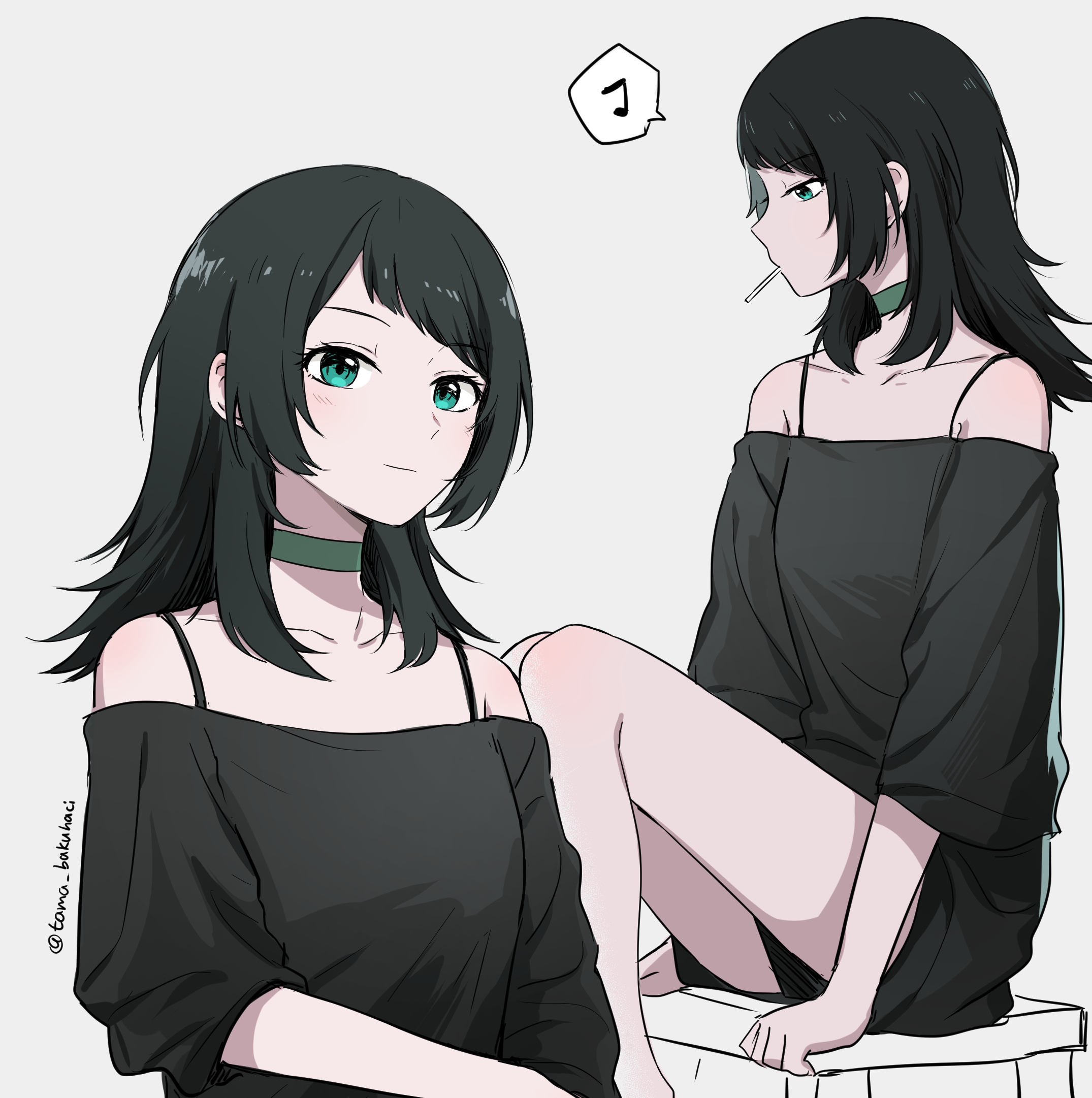 rankaku, yahata umiri, bang dream!, bang dream! it's mygo!!!!!, chinese commentary, commentary request, highres, 1girl, bare legs, black hair, black shirt, blue eyes, choker, closed mouth, eighth note, green choker, grey background, long hair, multiple views, musical note, off-shoulder shirt, off shoulder, shirt, simple background, sitting, smile, spoken musical note, twitter username