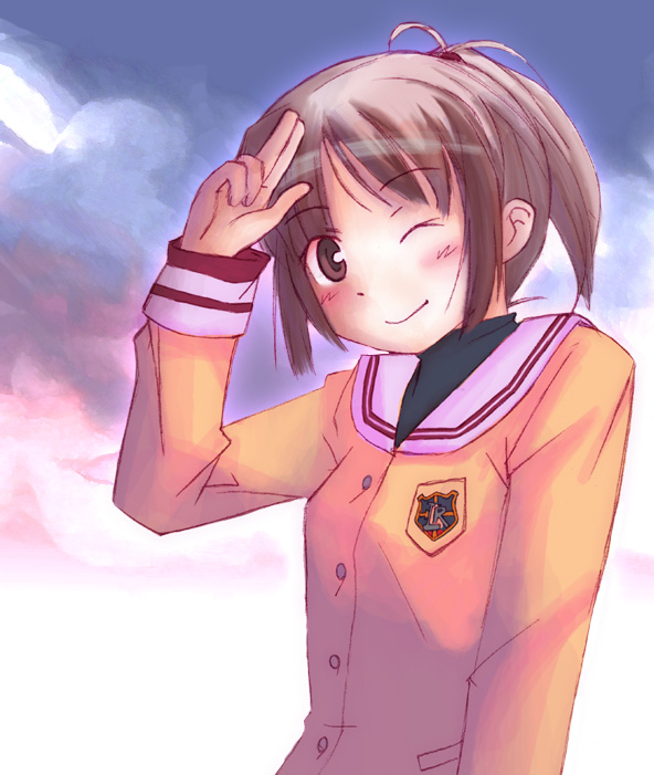 nyazui, sakino asuka, clannad, kimi kiss, 1girl, ;), arms up, blazer, blush, buttons, cosplay, emblem, female focus, head tilt, jacket, long sleeves, looking at viewer, one eye closed, parody, salute, school uniform, serafuku, smile, solo