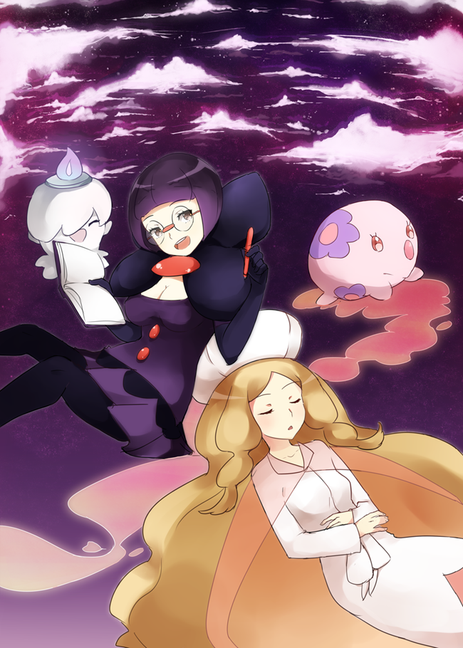 saviala, caitlin (pokemon), litwick, munna, shauntal (pokemon), nintendo, pokemon, pokemon bw, 2girls, big hair, blonde hair, blunt bangs, bob cut, book, bow, breasts, candle, cape, cleavage, closed eyes, colored skin, dress, elbow gloves, gen 5 pokemon, ghost, glasses, gloves, hair ornament, hat, holding, holding book, holding pen, large bow, long hair, long sleeves, medium breasts, multiple girls, open mouth, pantyhose, parted bangs, pen, pink cape, pink dress, pink hat, pink skin, pokemon (creature), purple eyes, purple hair, purple skirt, rimless eyewear, round eyewear, see-through cape, short hair, skirt, small breasts, smile, very long hair