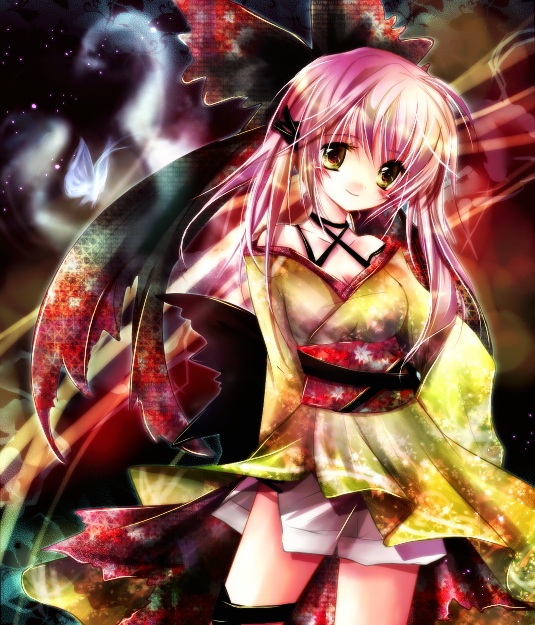 ichiyou moka, 1girl, bug, butterfly, female focus, insect, japanese clothes, kimono, long hair, pink hair, sky, smile, solo, star (sky), starry sky, yellow eyes