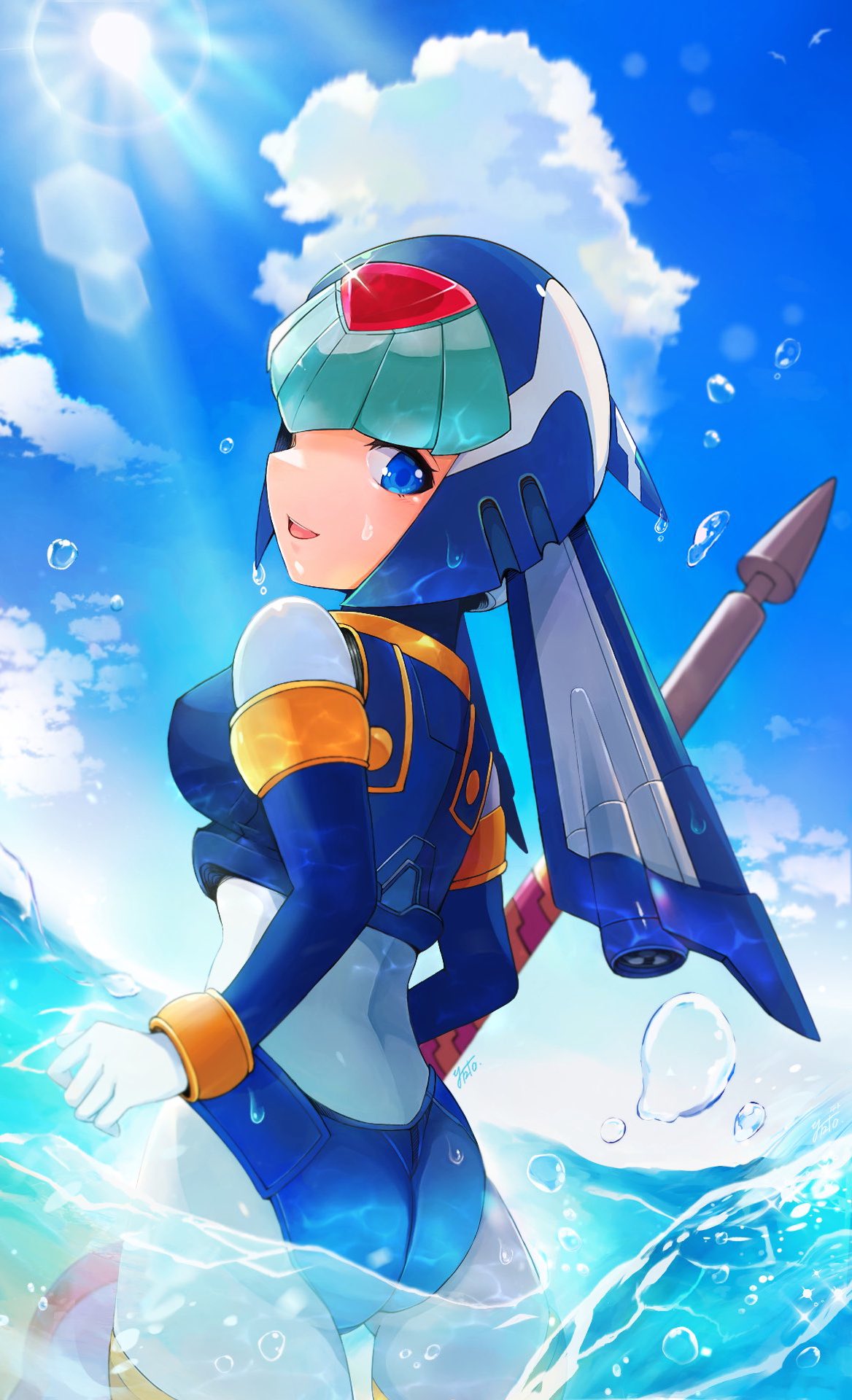 teto (y3832), fairy leviathan (mega man), mega man (series), mega man zero (series), highres, 1girl, android, armor, ass, back, blue armor, blue eyes, blue helmet, fins, forehead jewel, head fins, helmet, looking back, polearm, robot girl, solo, spear, water, weapon, wet
