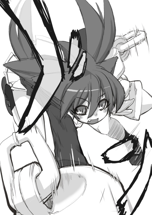 unaji, original, animal ears, cat ears, foreshortening, greyscale, long hair, monochrome, school uniform, serafuku, solo