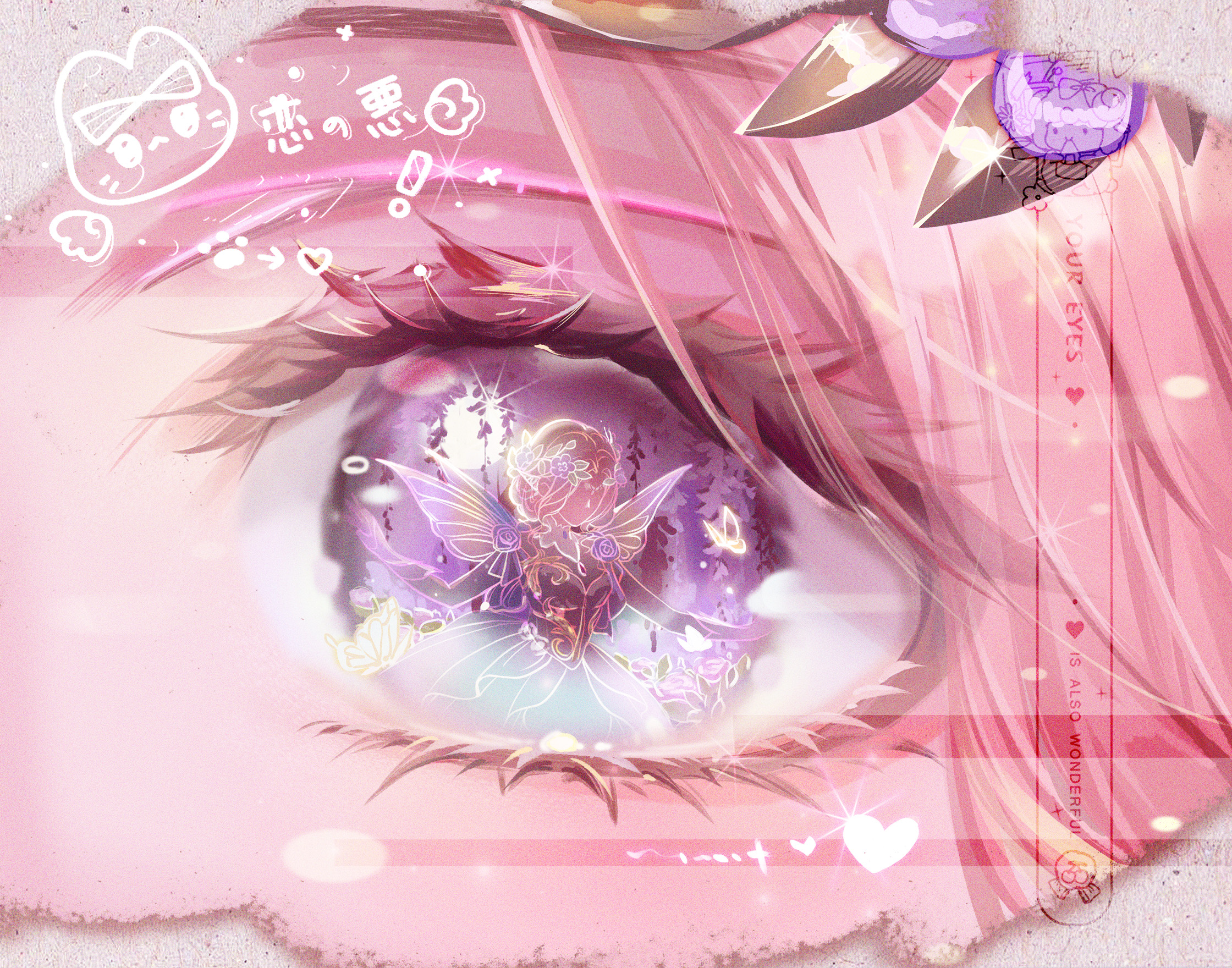 blooming dreams (infinity nikki), nikki (nikki), infinity nikki, nikki (series), chinese commentary, commentary request, commission, highres, 1girl, beibei-nuliqinggaoban, blonde hair, close-up, dress, eye focus, eye reflection, eyelashes, fairy, fairy wings, flower, grey wings, head wreath, heart, light blush, light particles, purple dress, purple eyes, purple flower, reflection, reflection focus, sample watermark, short hair, sleeveless, sleeveless dress, solo, sparkle, sun, watermark, wings, wisteria